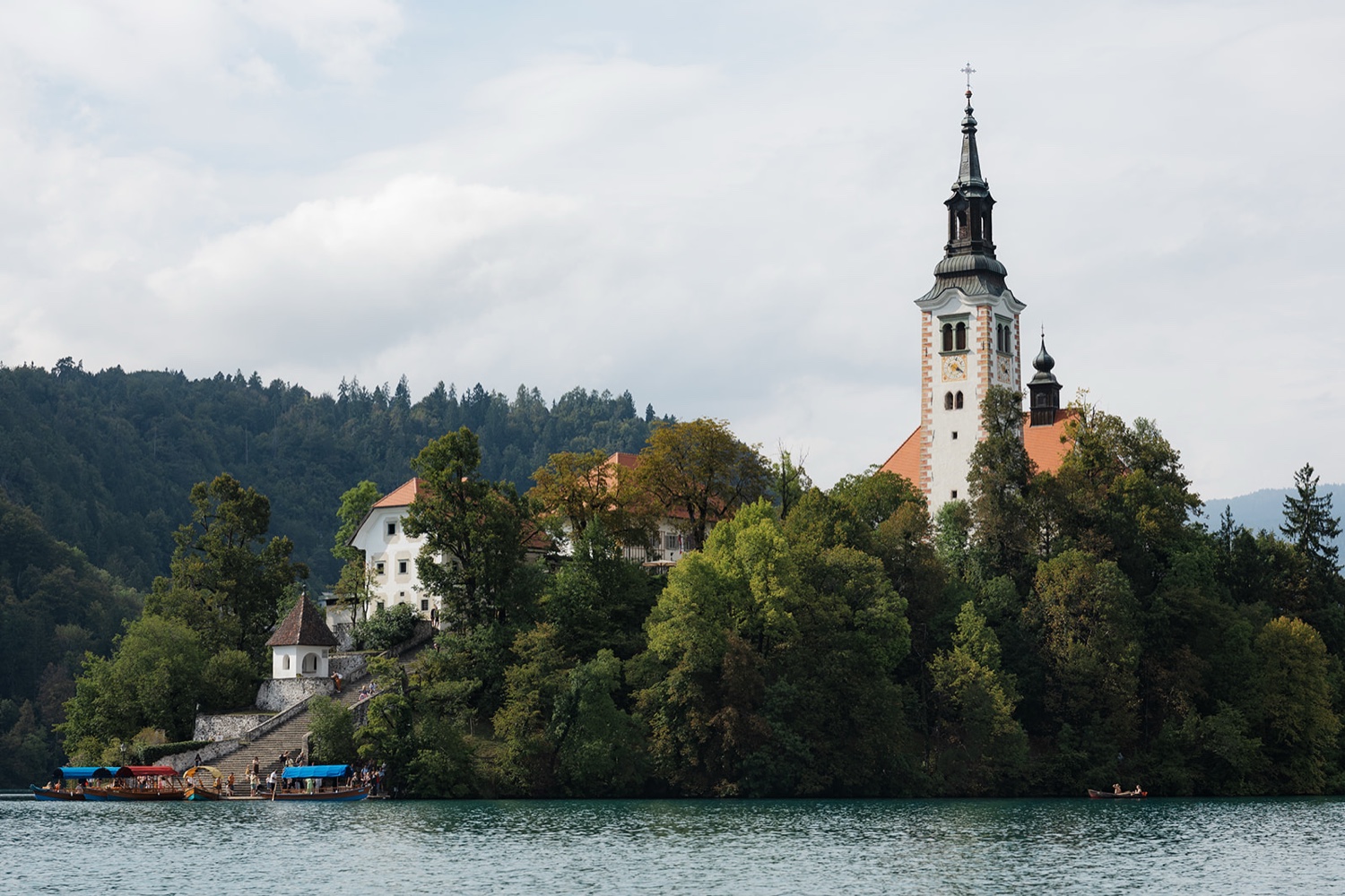 Bled Island and its church seen from the water of Lake Bled, Slovenia