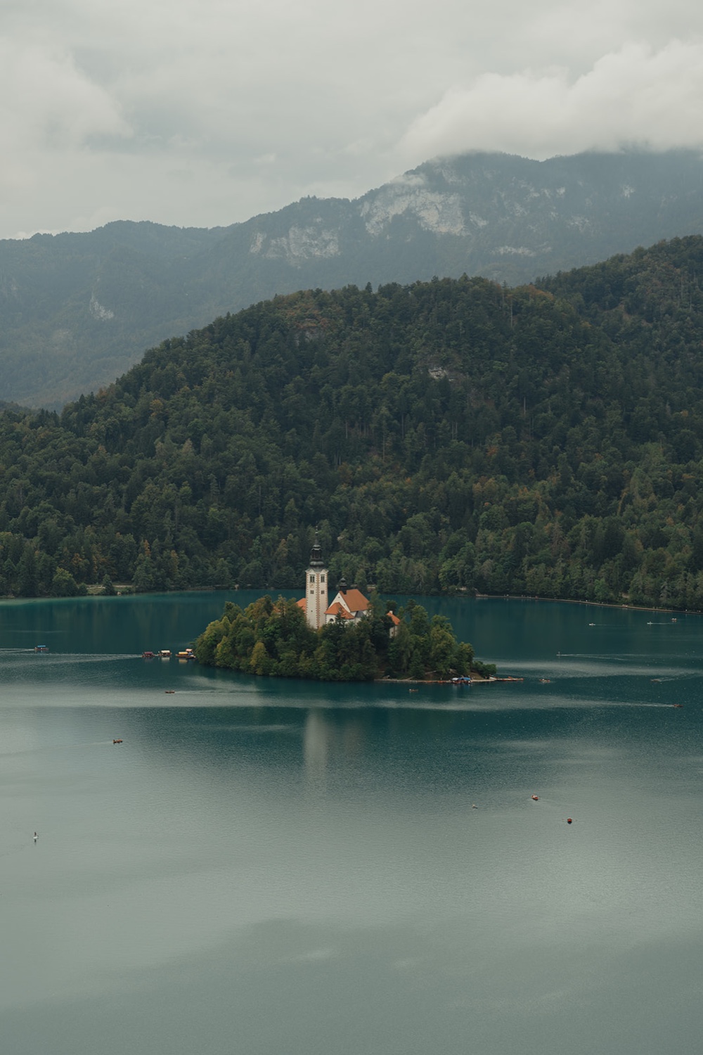 Bled Island in the middle of Lake Bled, seen from Bled Castle, Slovenia