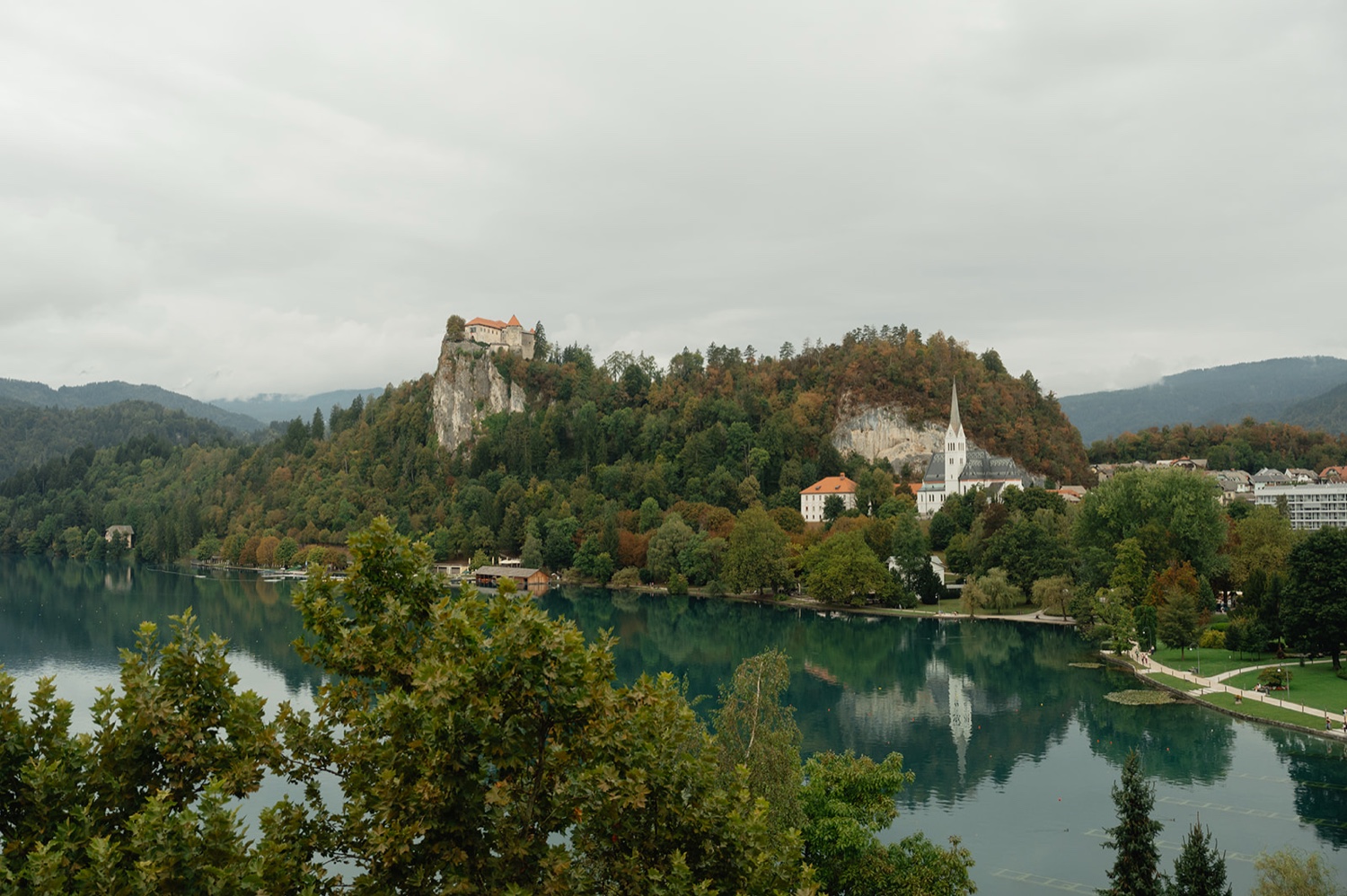 Bled Castle on its cliff above Lake Bled, Slovenia