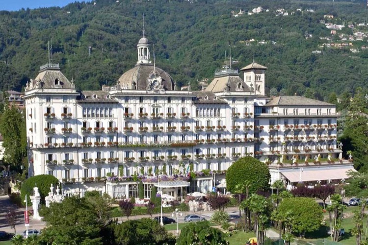 The white facade of the Grand Hotel des Iles Borromées in Stresa on Lake Maggiore, Italy