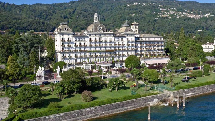 The Grand Hotel des Iles Borromées and its park on the shore of Lake Maggiore in Stresa, Italy