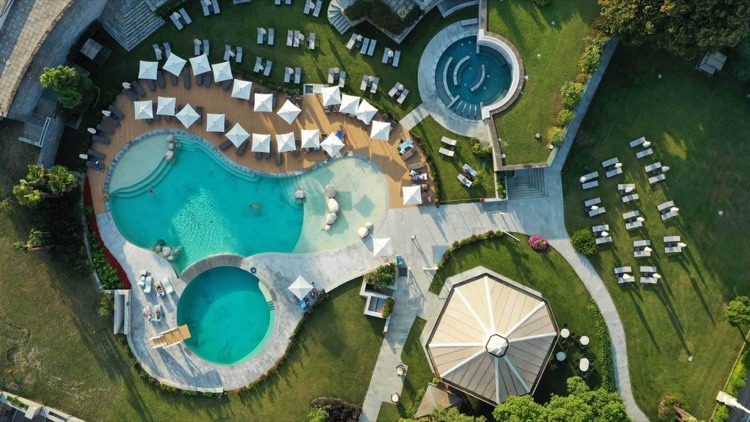Aerial view of the swimming pools at the Grand Hotel des Iles Borromées on Lake Maggiore