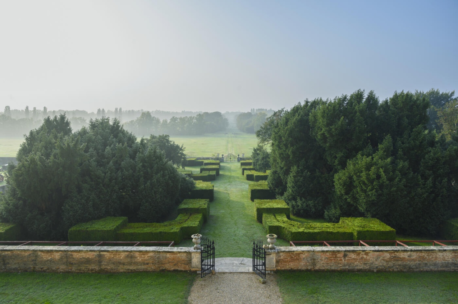 The Italian gardens of Villa Fracanzan Piovene near Verona in the morning mist