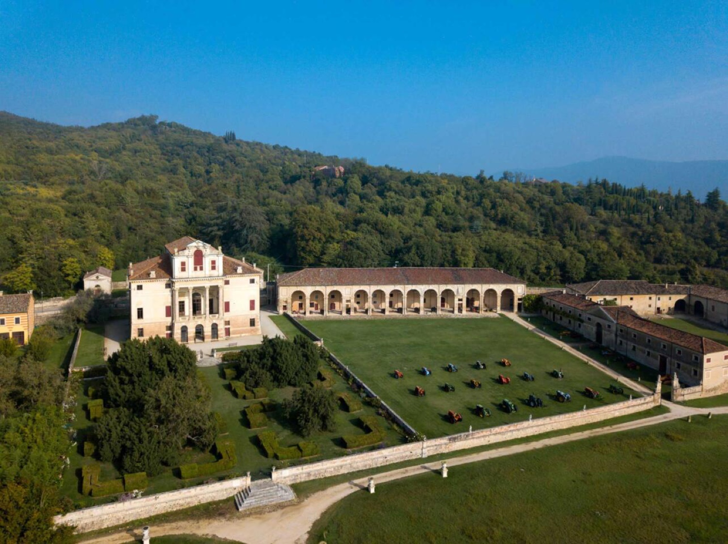 Aerial view of Villa Fracanzan Piovene and its Italian gardens on a hillside in the Veneto countryside near Verona