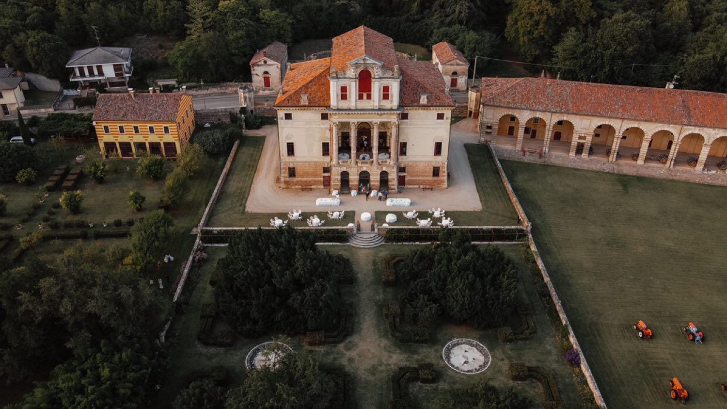 Aerial view of Villa Fracanzan Piovene and its Italian gardens near Verona