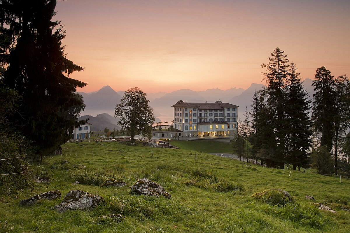Hotel Villa Honegg at sunset, high above Lake Lucerne