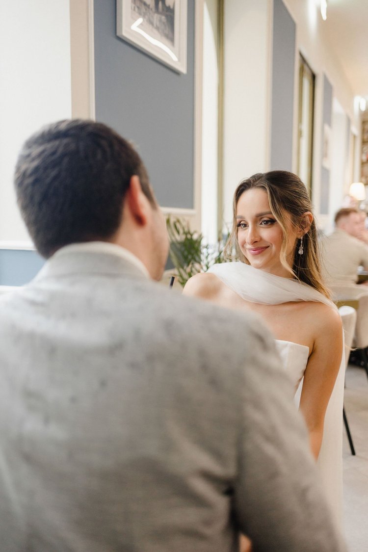 A bride and groom close together in a tender moment during their elopement in Sicily