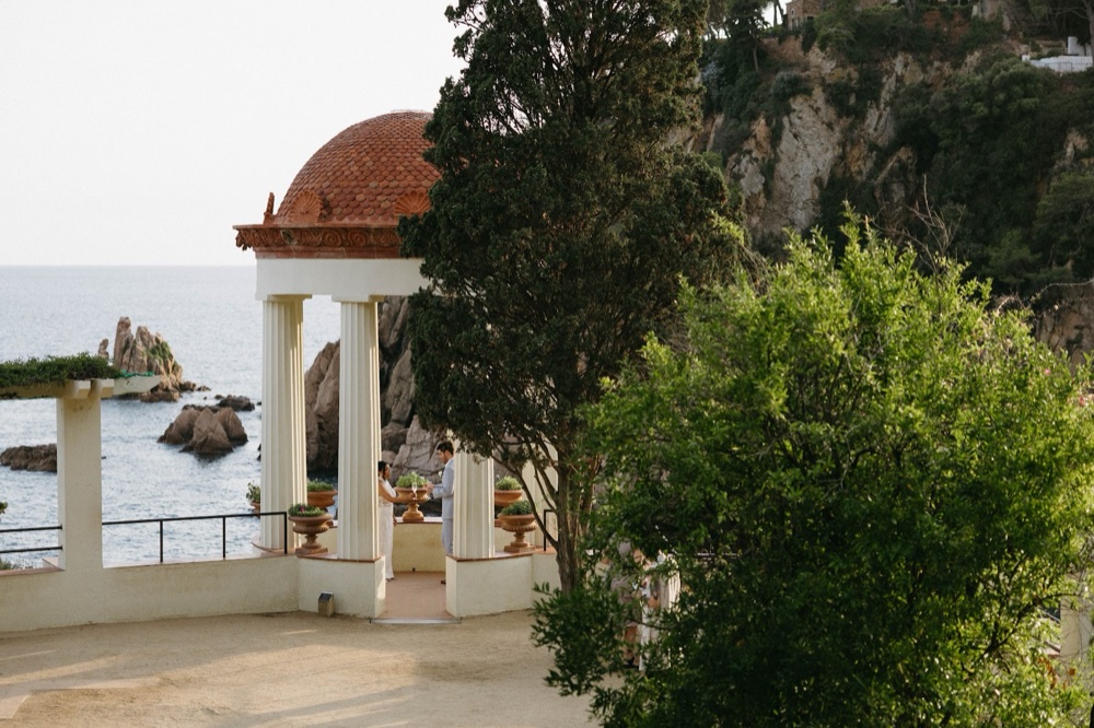 The Linnaeus Temple on the cliff edge of Marimurtra Botanic Gardens above the Mediterranean, Blanes, Costa Brava