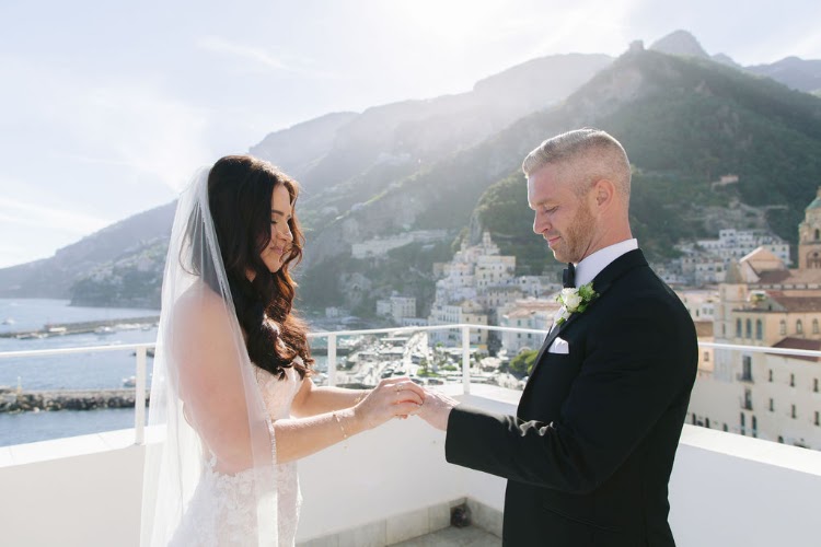 Bride and groom exchanging vows on the rooftop terrace of Hotel Marina Riviera on the Amalfi Coast, Amalfi Coast