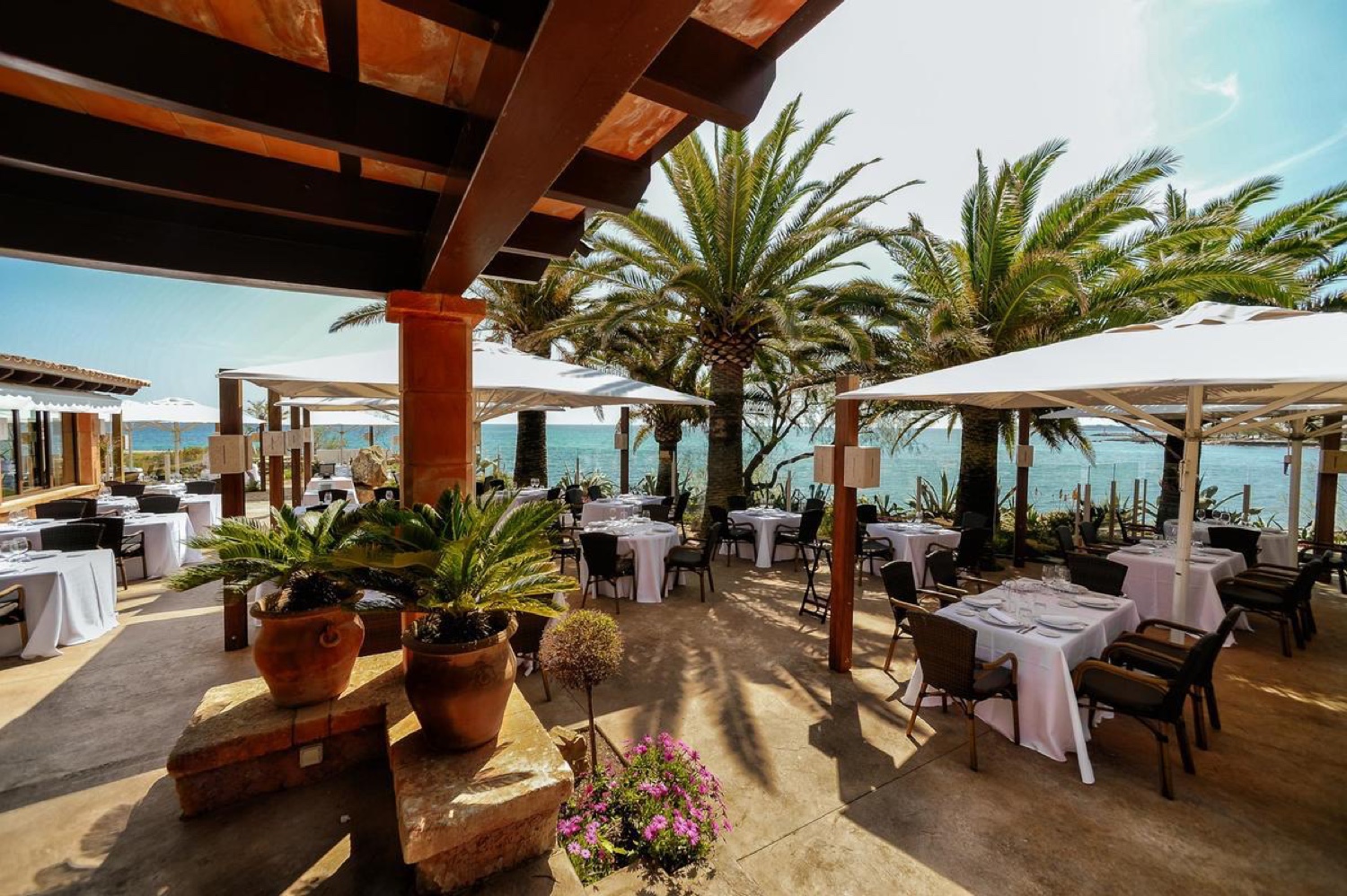 The covered terrace of Restaurant Sa Punta in Mallorca, with palm trees and the sea
