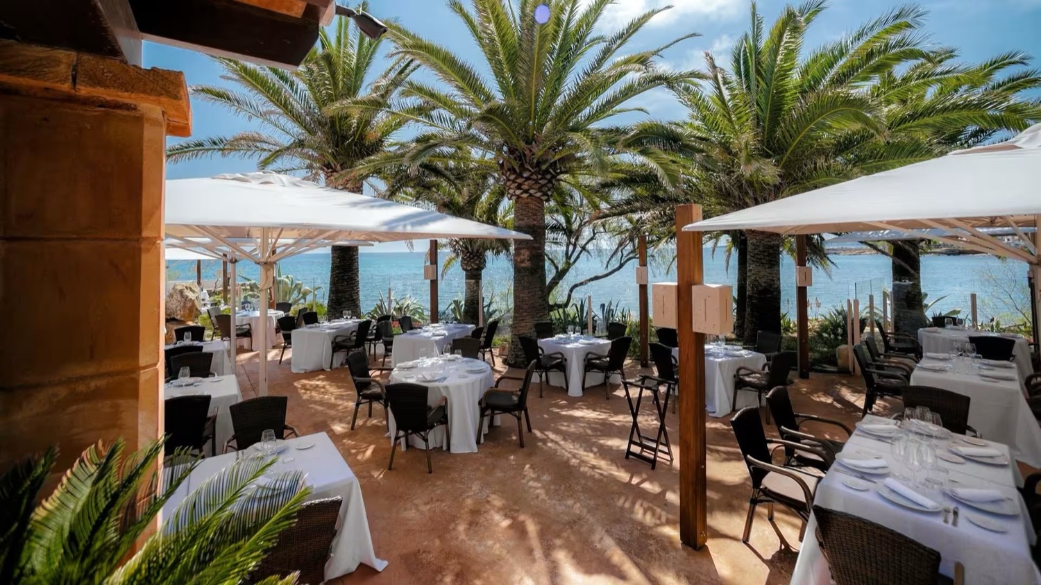 The palm-shaded terrace of Restaurant Sa Punta in Mallorca, set with tables for lunch