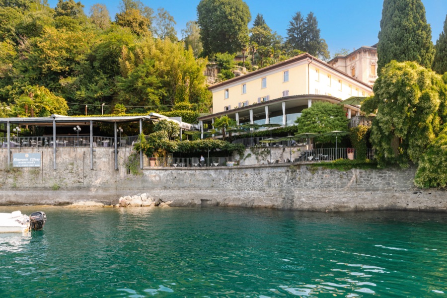 Villa Porta and its waterfront terrace seen from the water of Lake Maggiore, Italy