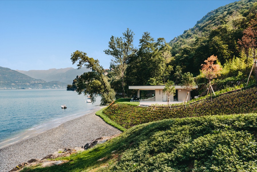 The lakeside garden and pavilion of Villa Porta on the shore of Lake Maggiore, Italy