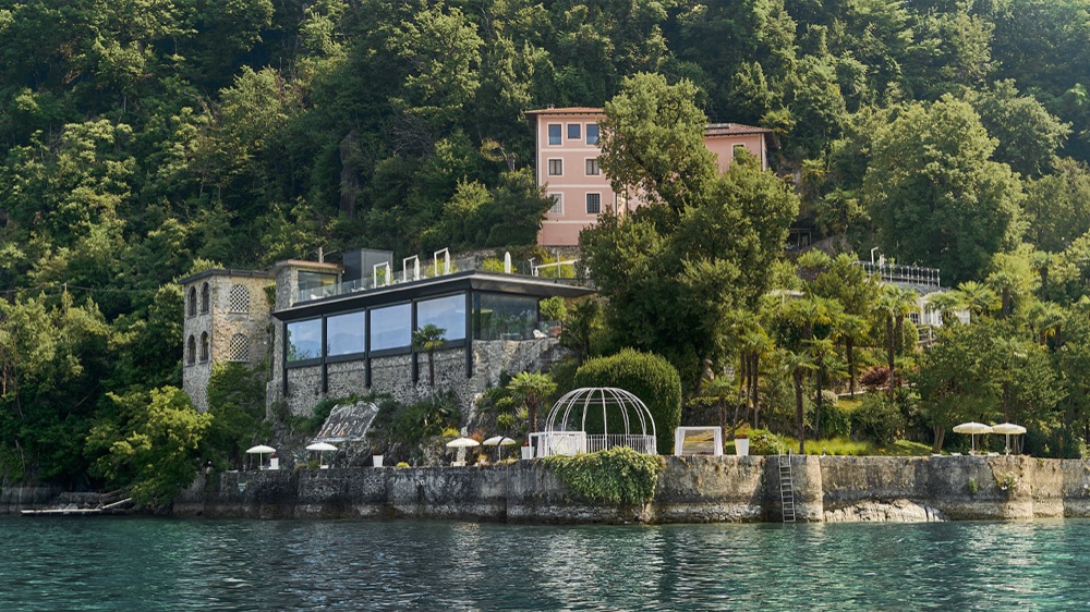 Villa Porta and its lakeside terrace and gardens seen from the water of Lake Maggiore, Italy
