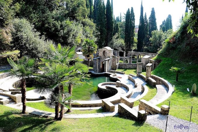 Stepped gardens and an open-air theatre at Il Vittoriale on Lake Garda, Italy