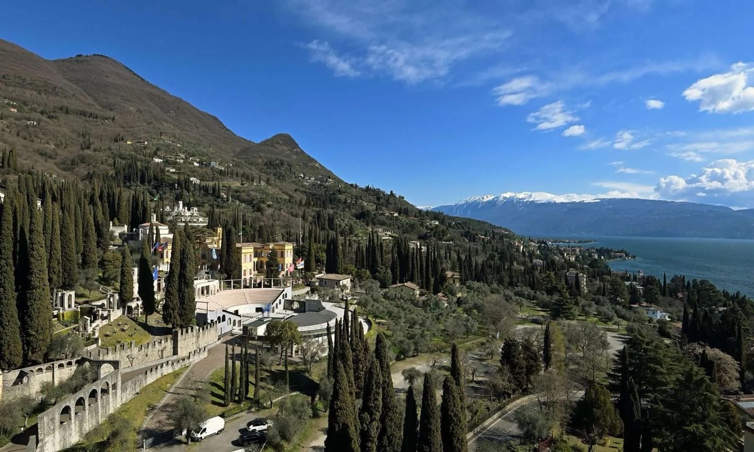 Aerial view of the historic gardens and terraces of Il Vittoriale above Lake Garda in Gardone Riviera, Italy