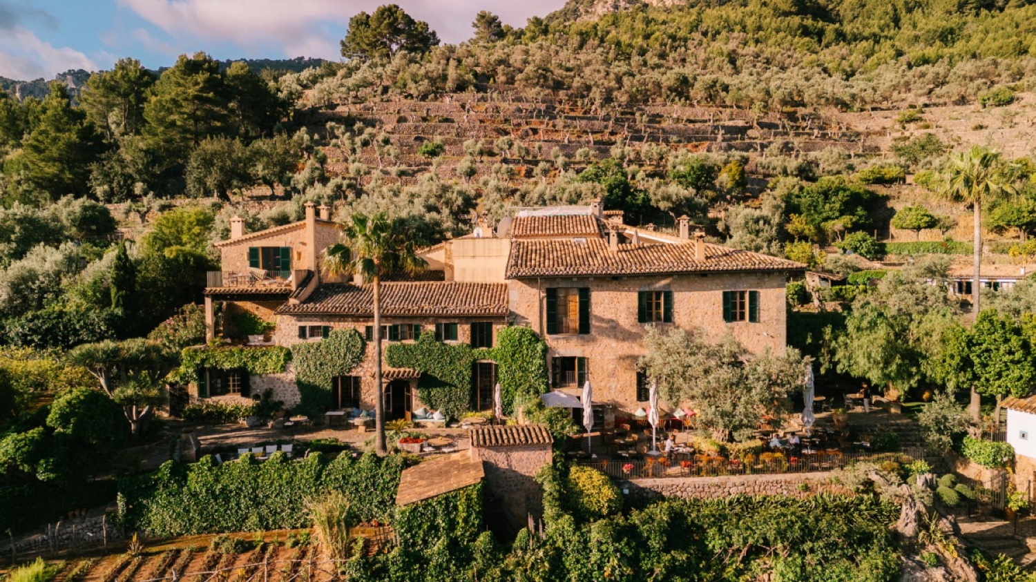The stone finca of Ca’s Xorc among terraced olive groves in the mountains of Mallorca, seen from above